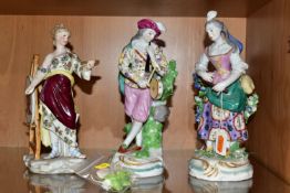 THREE 19TH CENTURY CONTINENTAL PORCELAIN FIGURES, comprising a near pair of male and female