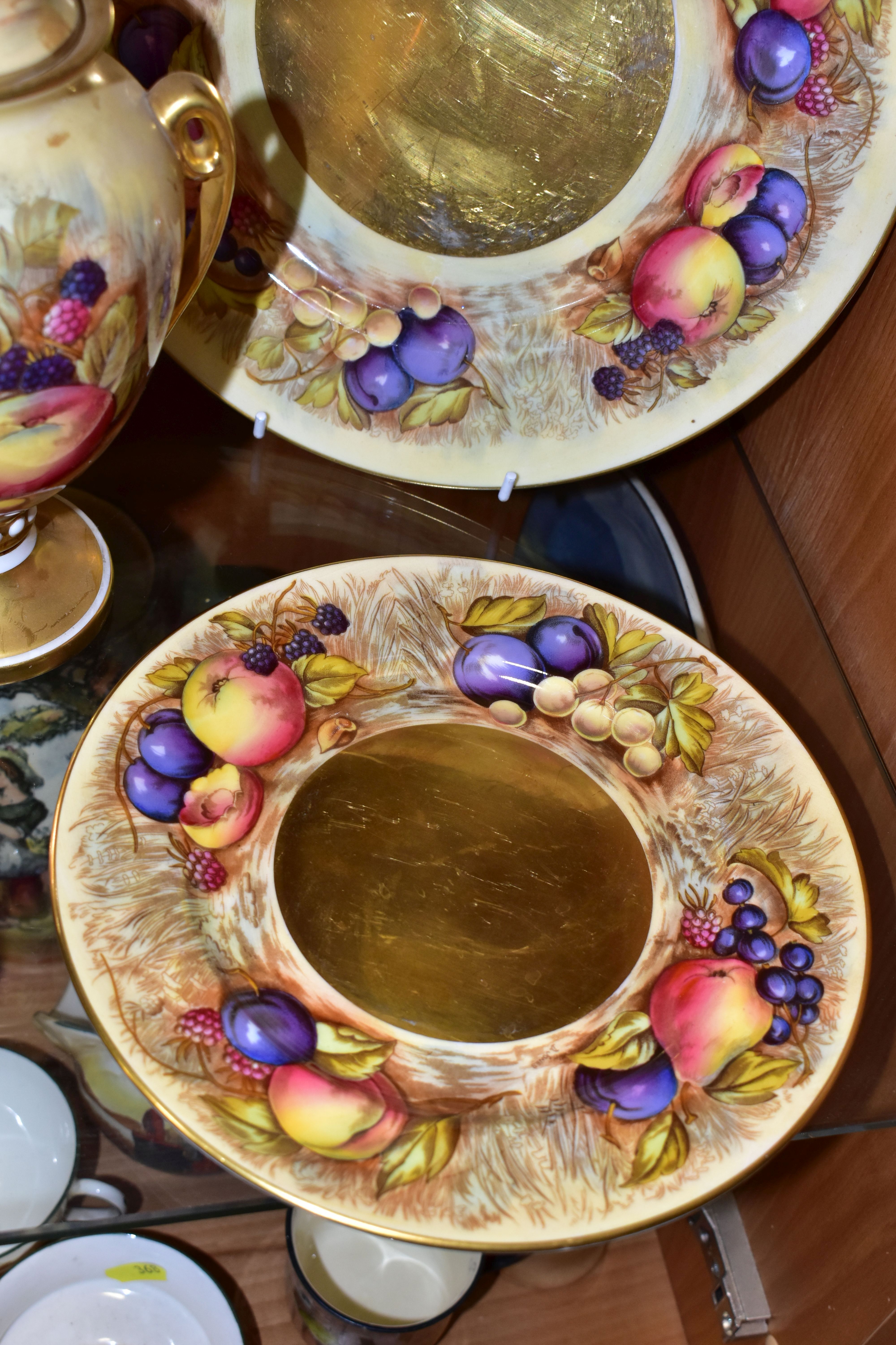 FIVE PIECES OF AYNSLEY FRUIT PATTERN CHINA, bearing D. Jones signatures, comprising a twin handled - Image 3 of 8