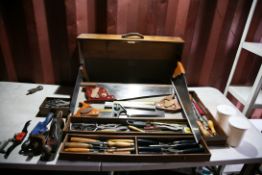A RWB WALNUT CARPENTERS TOOLBOX with 4 internal drawers, Stanley and vintage chisels, a Record No