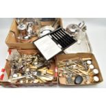 TWO BOXES OF ASSORTED WHITE METAL CUTLERY AND OTHER ITEMS, to include a box of mixed white metal