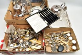 TWO BOXES OF ASSORTED WHITE METAL CUTLERY AND OTHER ITEMS, to include a box of mixed white metal