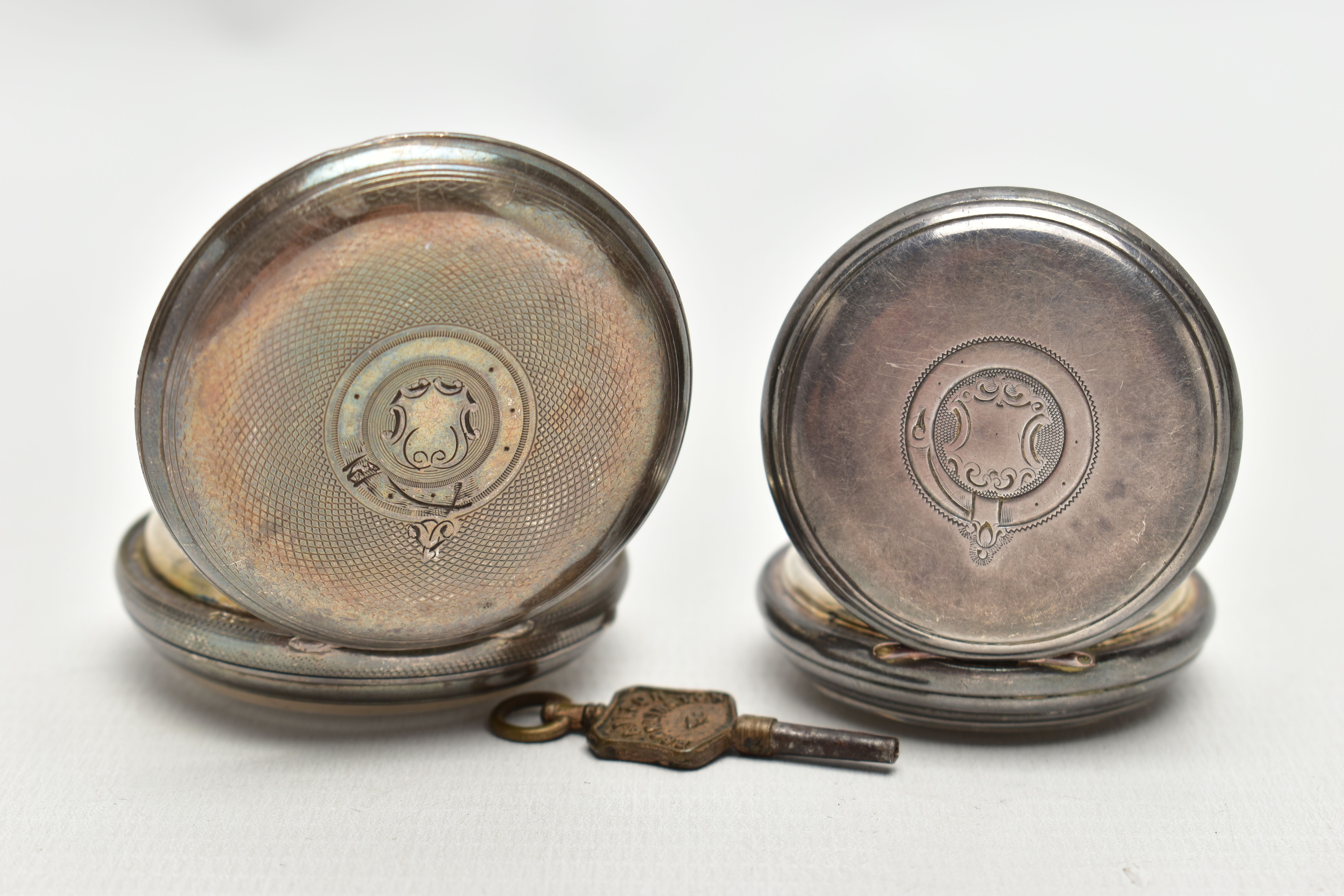 TWO OPEN FACE POCKET WATCHES AND WATCH KEY, the first a silver open face pocket watch, key wound, - Image 2 of 6