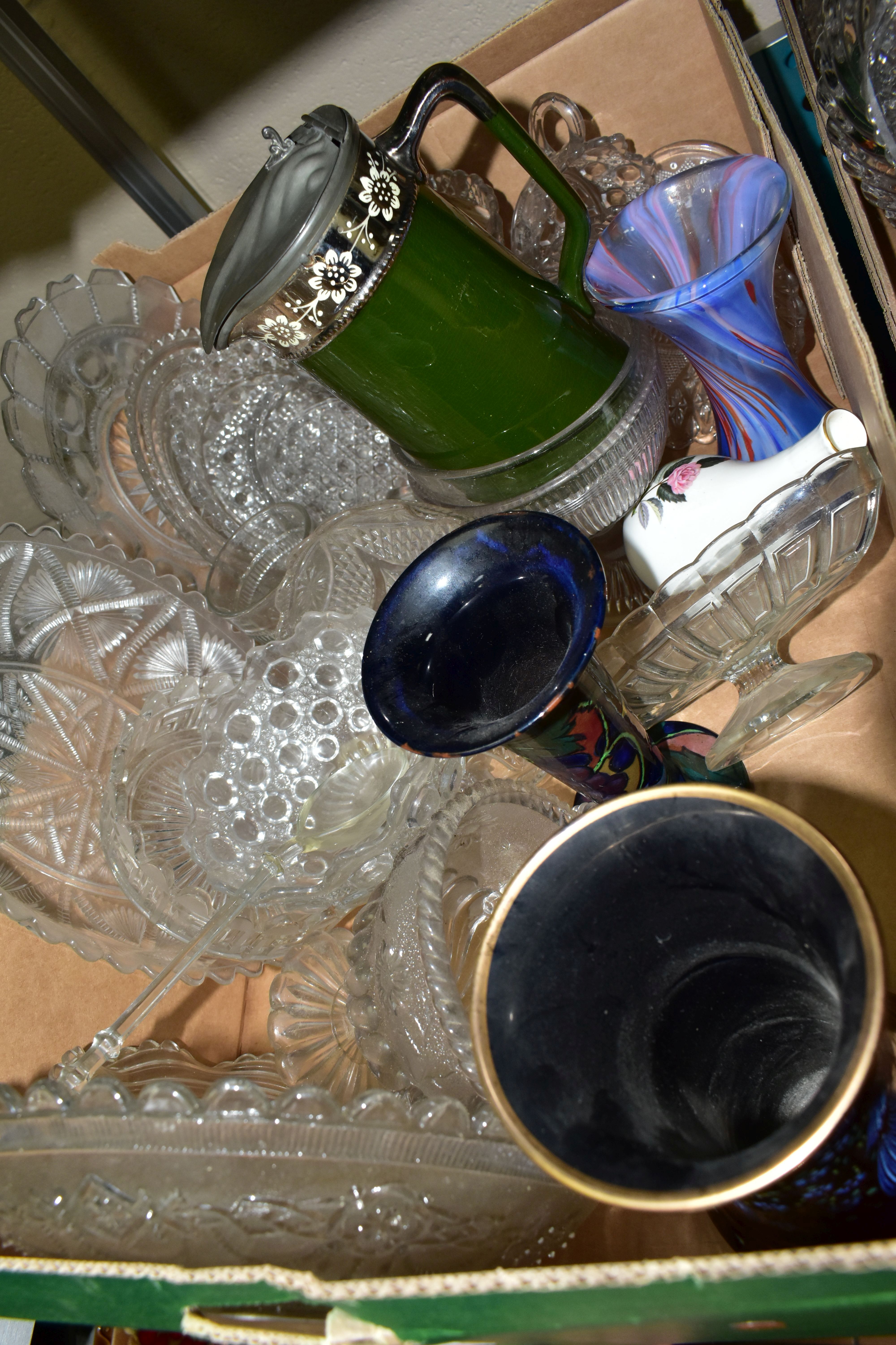 FOUR BOXES OF CERAMICS AND GLASSWARE, to include a quantity of clear pressed glass dishes, vases and - Image 3 of 5