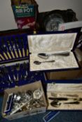 TWO BOXES OF METALWARE AND A CANTEEN OF CUTLERY, to include a wooden canteen of Viners Ltd cutlery