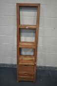 A MANGOWOOD WATERFALL OPEN BOOKCASE, with two drawers, width 46cm x depth 46cm x height 176cm