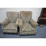TWO EDWARDIAN ARMCHAIRS, with floral upholstery, one with front bun feet the other with square