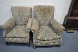 TWO EDWARDIAN ARMCHAIRS, with floral upholstery, one with front bun feet the other with square