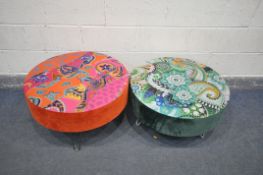 TWO SIMILAR ABSTRACT VELVET FOOTSTOOL, on hairpin legs, diameter 70cm x height 49cm (condition:-good