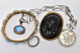 FOUR PIECES OF JEWELLERY AND A COIN, to include a labradorite cabochon pendant, collet set into a