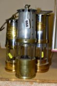 THREE BRASS AND IRON MINER'S LAMPS, The Protector Lamp & Lighting Co. Ltd No. Type 1A lamp, a J.H