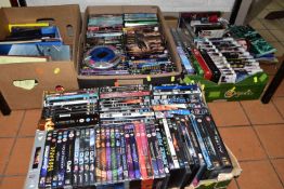 FOUR BOXES OF SCI - FI DVDS AND BOOKS to include over one hundred assorted DVDs of films Stargate, X