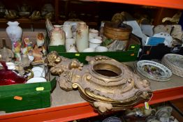 THREE BOXES OF CERAMICS AND HOUSEHOLD ORNAMENTS, to include a gilt wall hanging clock surround