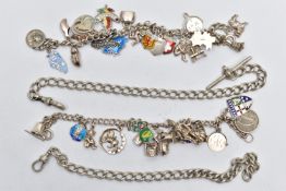 TWO SILVER ALBERT CHAINS AND TWO CHARM BRACELETS, the first a silver curb link chain, fitted with