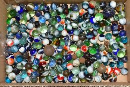 MARBLES, one box of assorted coloured glass marbles