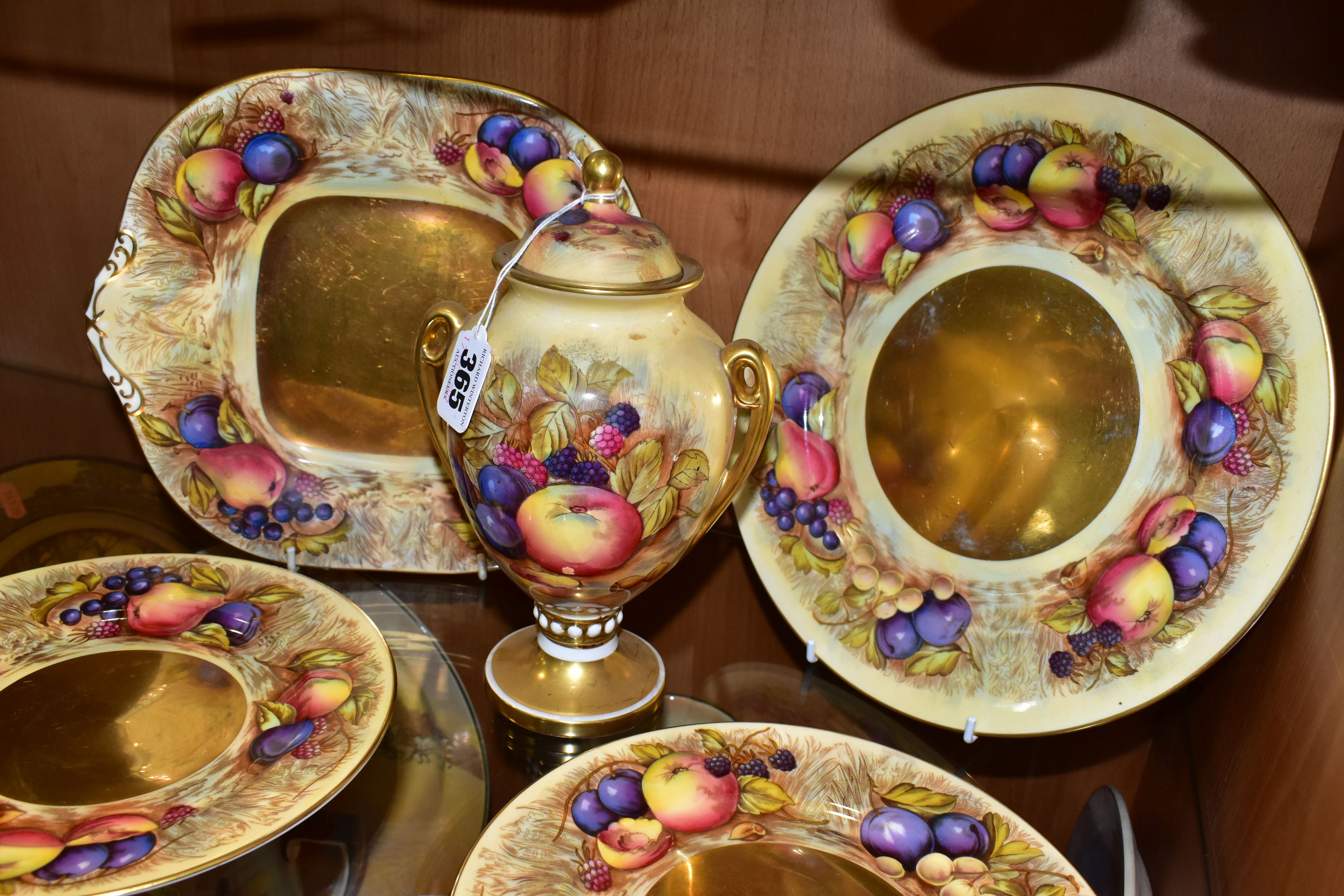 FIVE PIECES OF AYNSLEY FRUIT PATTERN CHINA, bearing D. Jones signatures, comprising a twin handled - Image 5 of 8