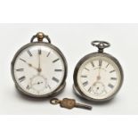 TWO OPEN FACE POCKET WATCHES AND WATCH KEY, the first a silver open face pocket watch, key wound,