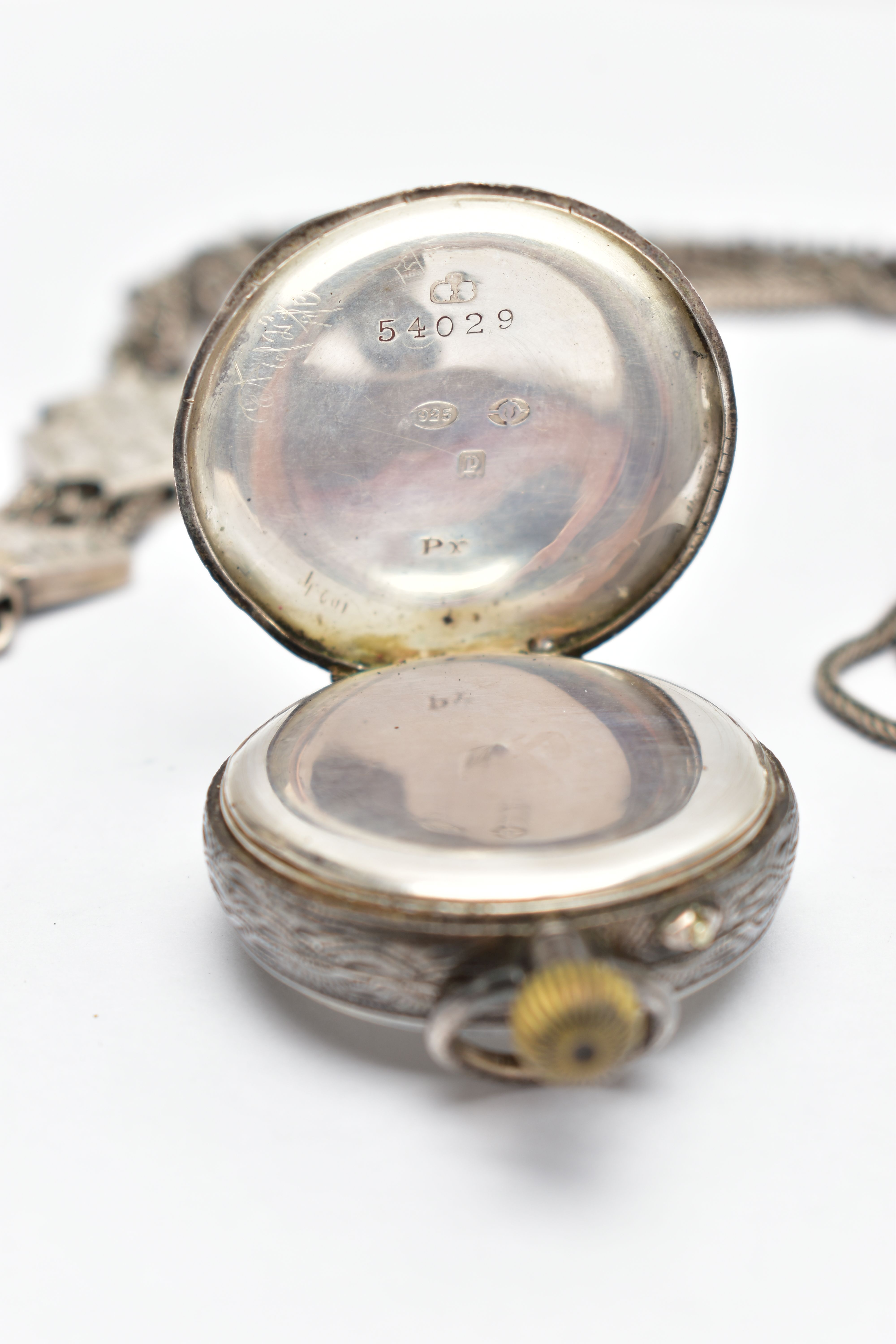 A SMALL OPEN FACE POCKET WATCH AND ALBERTINA, the manual wind pocket watch with round white dial, - Image 3 of 4