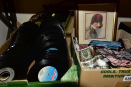 TWO BOXES AND LOOSE RECORDS, SCARVES AND SUNDRY ITEMS, to include approximately two hundred loose
