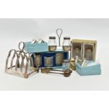 A SELECTION OF SILVER ITEMS, to include a small silver 'Walker & Hall' toast rack, hallmarked '