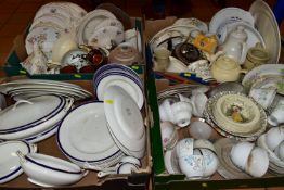 FOUR BOXES OF CERAMICS, to include teapots, dinner plates, china tea wares, a Parrott & Co teapot