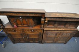 A 20TH CENTURY OAK COURT CUPBOARD, a single door above two drawers and two cupboard doors, length