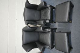 TWO BLACK LEATHER ARMCHAIRS, largest width 89cm x depth 84cm x height 109cm, along with a pair of