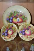 THREE PIECES OF AYNSLEY FRUIT DESIGN BONE CHINA, comprising a pedestal fruit bowl bearing N. Brunt