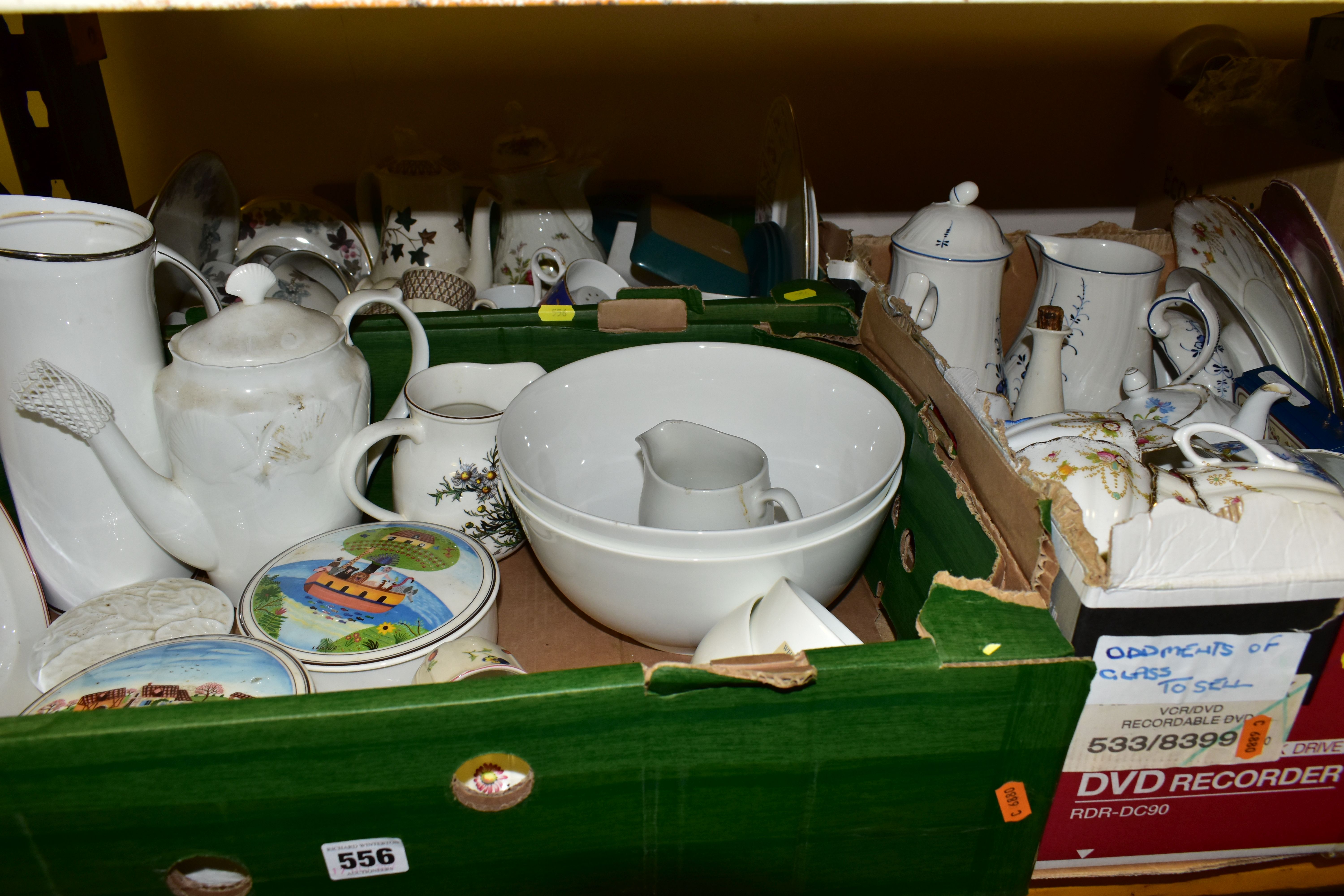 THREE BOXES OF CERAMICS, to include two Villeroy & Boch coffee cups and two saucers, a Coalport '