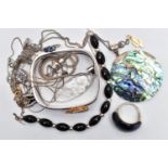 ASSORTED JEWELLERY, to include a polished square hinged bangle, stamped 925, a faceted black bead