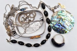 ASSORTED JEWELLERY, to include a polished square hinged bangle, stamped 925, a faceted black bead