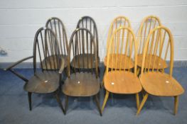 A SET OF EIGHT ELM SEATED ERCOL QUAKER WINDSOR STYLE CHAIRS, Including one carver, four stained