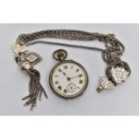 A SMALL OPEN FACE POCKET WATCH AND ALBERTINA, the manual wind pocket watch with round white dial,