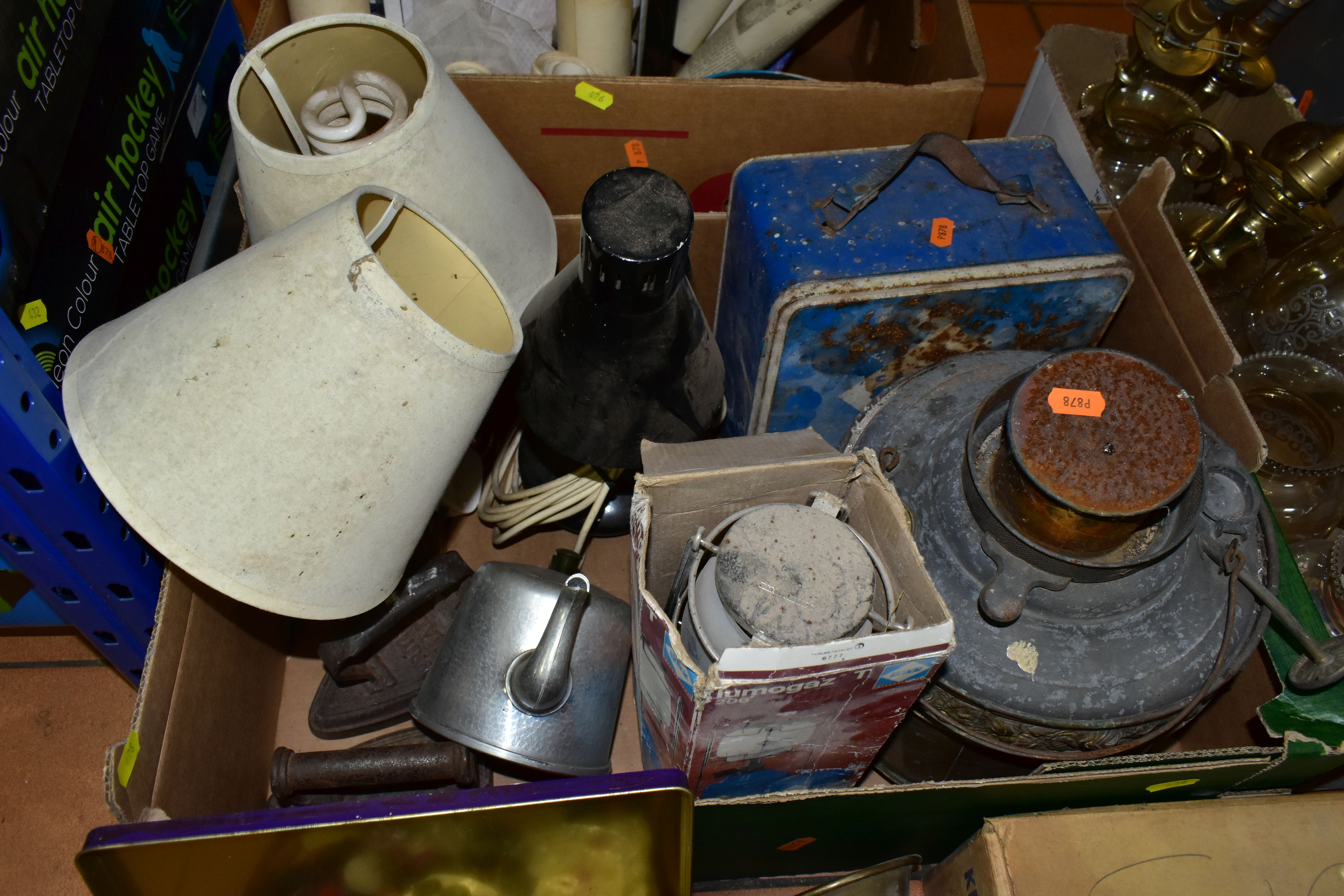 FIVE BOXES OF BOOKS, PICTURES AND LAMPS, to include a set of brass wall lights with glass shades, - Image 4 of 7