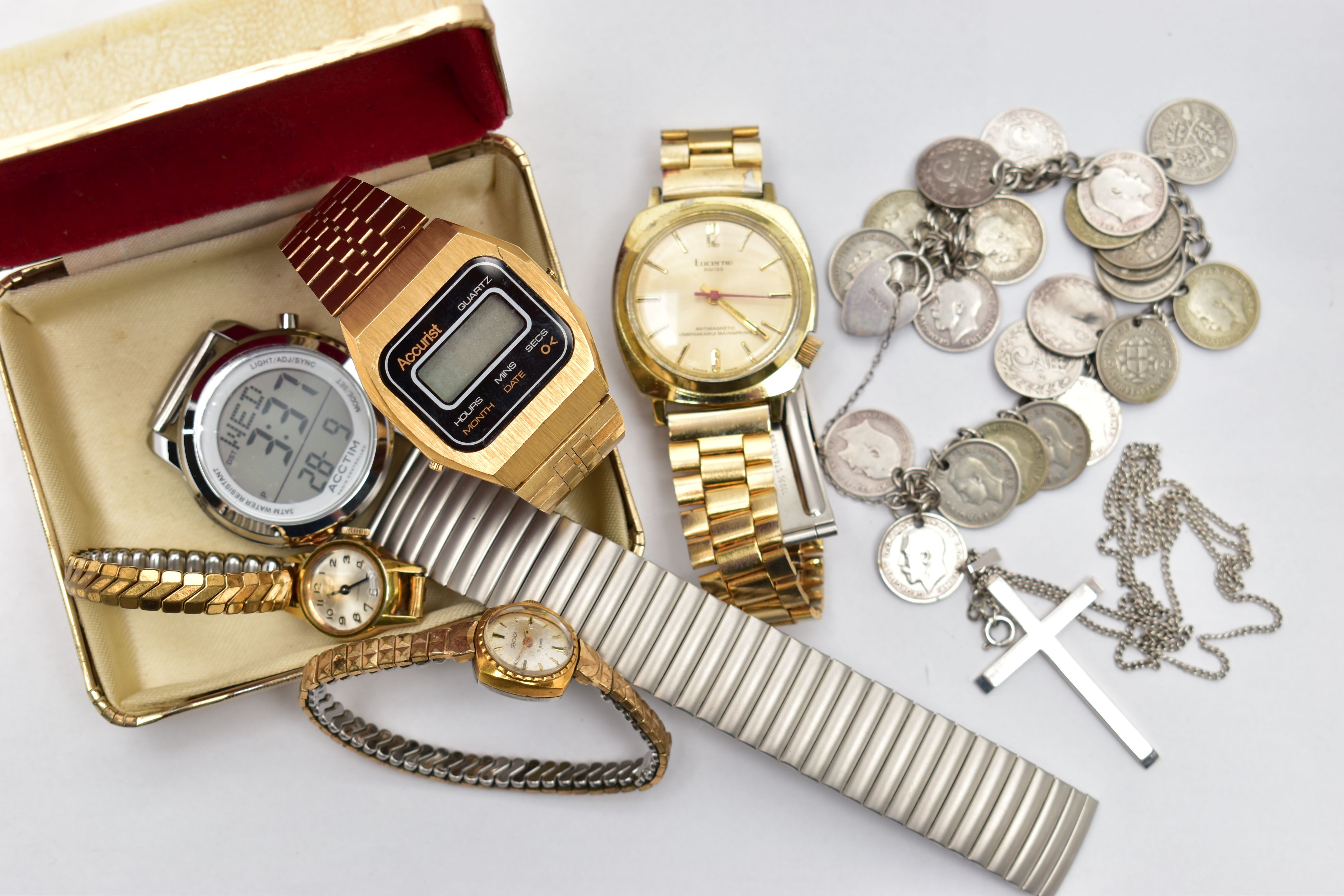 A SELECTION OF STAINLESS STEEL WATCHES, JEWELLERY AND A CHARM BRACELET, the watches with names to