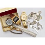 A SELECTION OF STAINLESS STEEL WATCHES, JEWELLERY AND A CHARM BRACELET, the watches with names to
