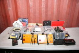 A COLLECTION OF ELECTRONIC PARTS AND TOOLS including two Unilab Bench Power Supplies, five trays