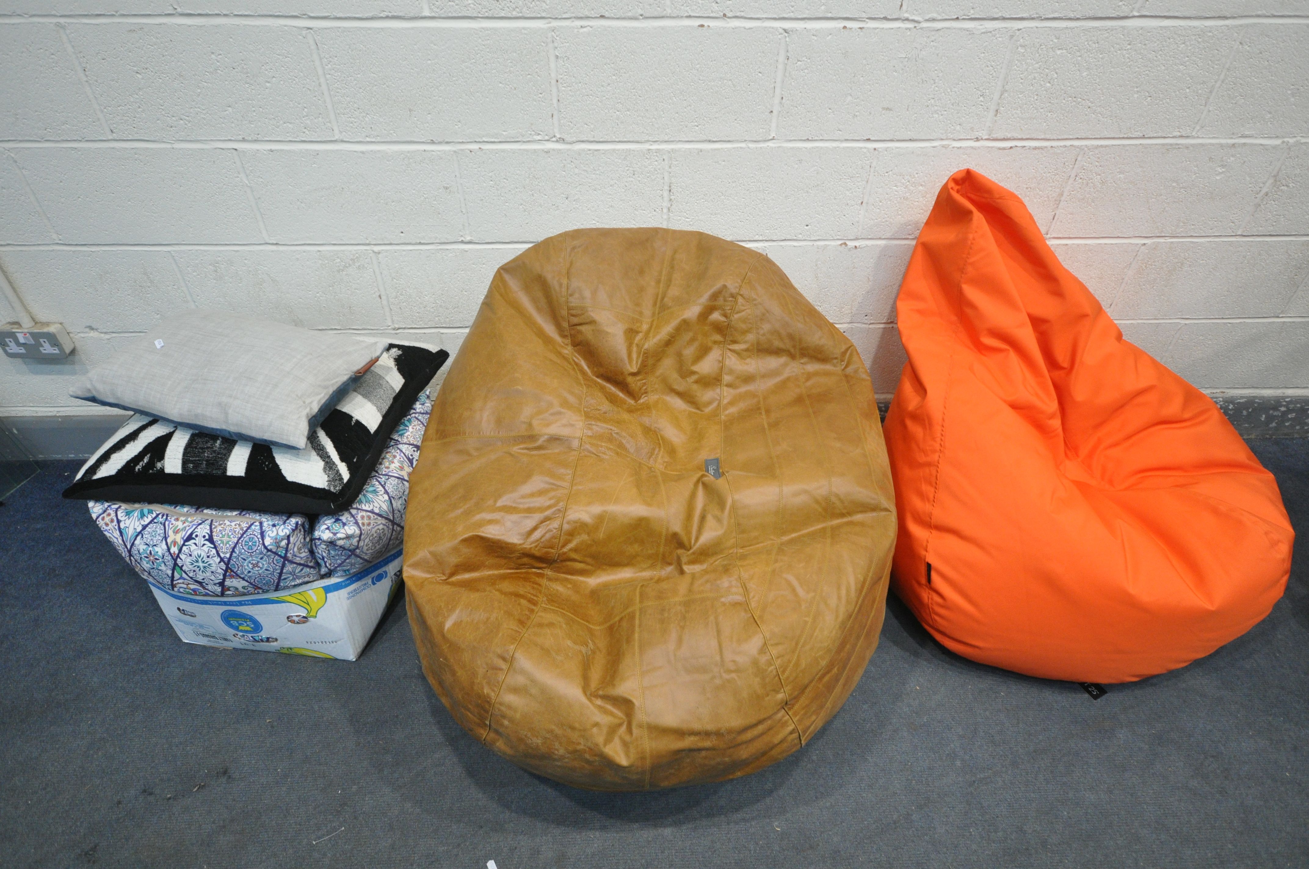 A COZIBAG.CO.UK LEATHER BEAN BAG, a Loft25 fluorescent orange bean bag, and a box of various