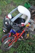 A LITTLE TIKES PLASTIC BUGGY and two small child's bikes (3)