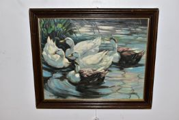 A OIL ON BOARD PAINTING DEPICTING DUCKS ON WATER IN THE STYLE OF ALEXANDER KOESTER, bears a