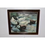 A OIL ON BOARD PAINTING DEPICTING DUCKS ON WATER IN THE STYLE OF ALEXANDER KOESTER, bears a