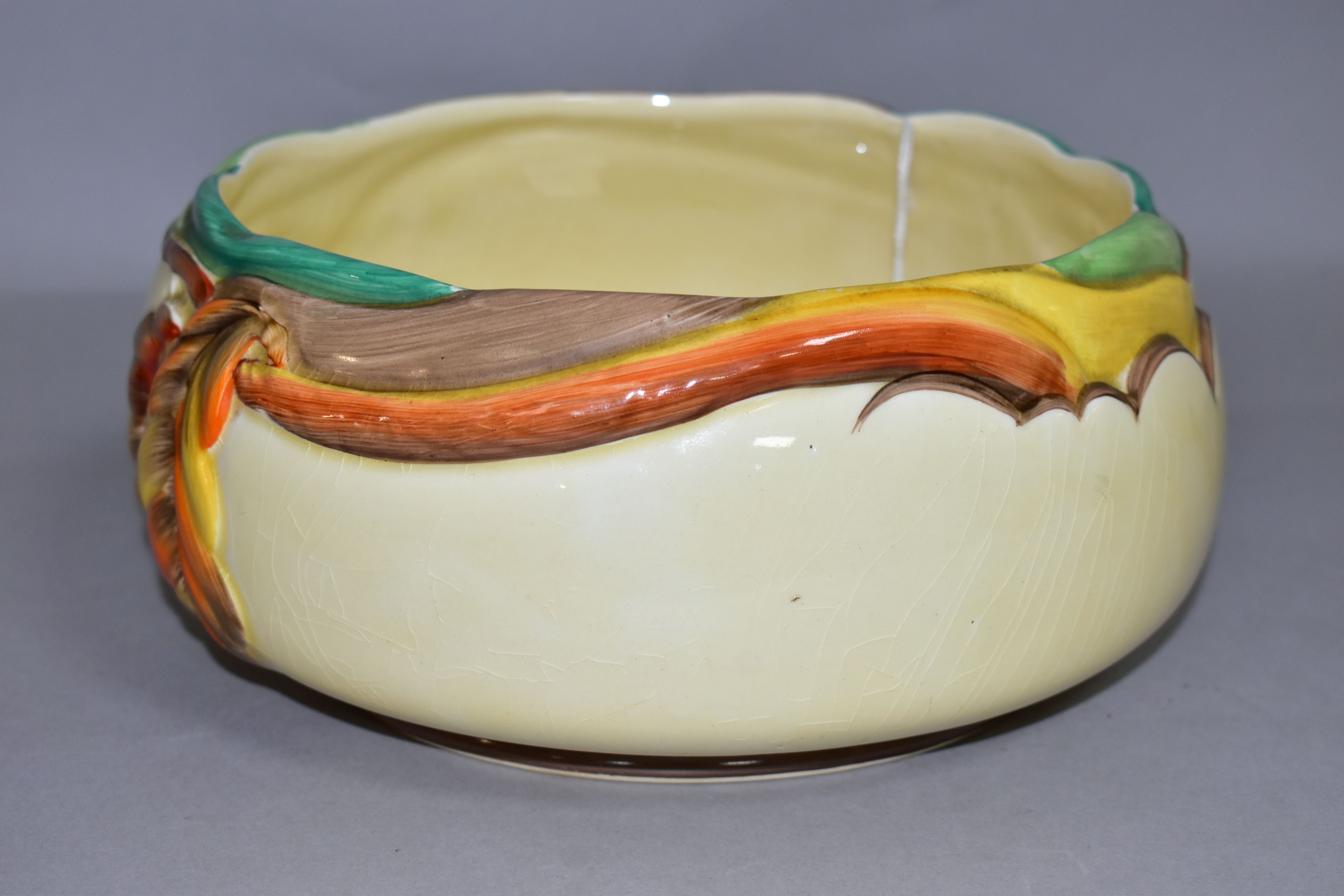 A CLARICE CLIFF FOR NEWPORT POTTERY FRUIT OR SALAD BOWL MOULDED WITH AUTUMNAL LEAVES, printed marks, - Image 2 of 5