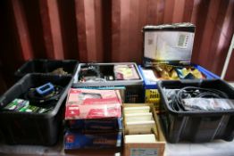 FIVE TRAYS AND LOOSE OF ELECTRICAL EQUIPMENT including 6 sets of downlighters , satellite dish
