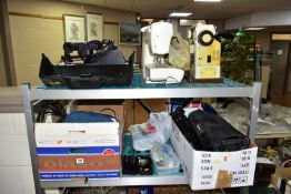 TWO BOXES AND LOOSE SEWING MACHINES, VINTAGE AUDIO-VISUAL EQUIPMENT AND SUNDRY ITEMS, to include a