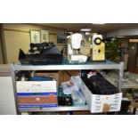 TWO BOXES AND LOOSE SEWING MACHINES, VINTAGE AUDIO-VISUAL EQUIPMENT AND SUNDRY ITEMS, to include a