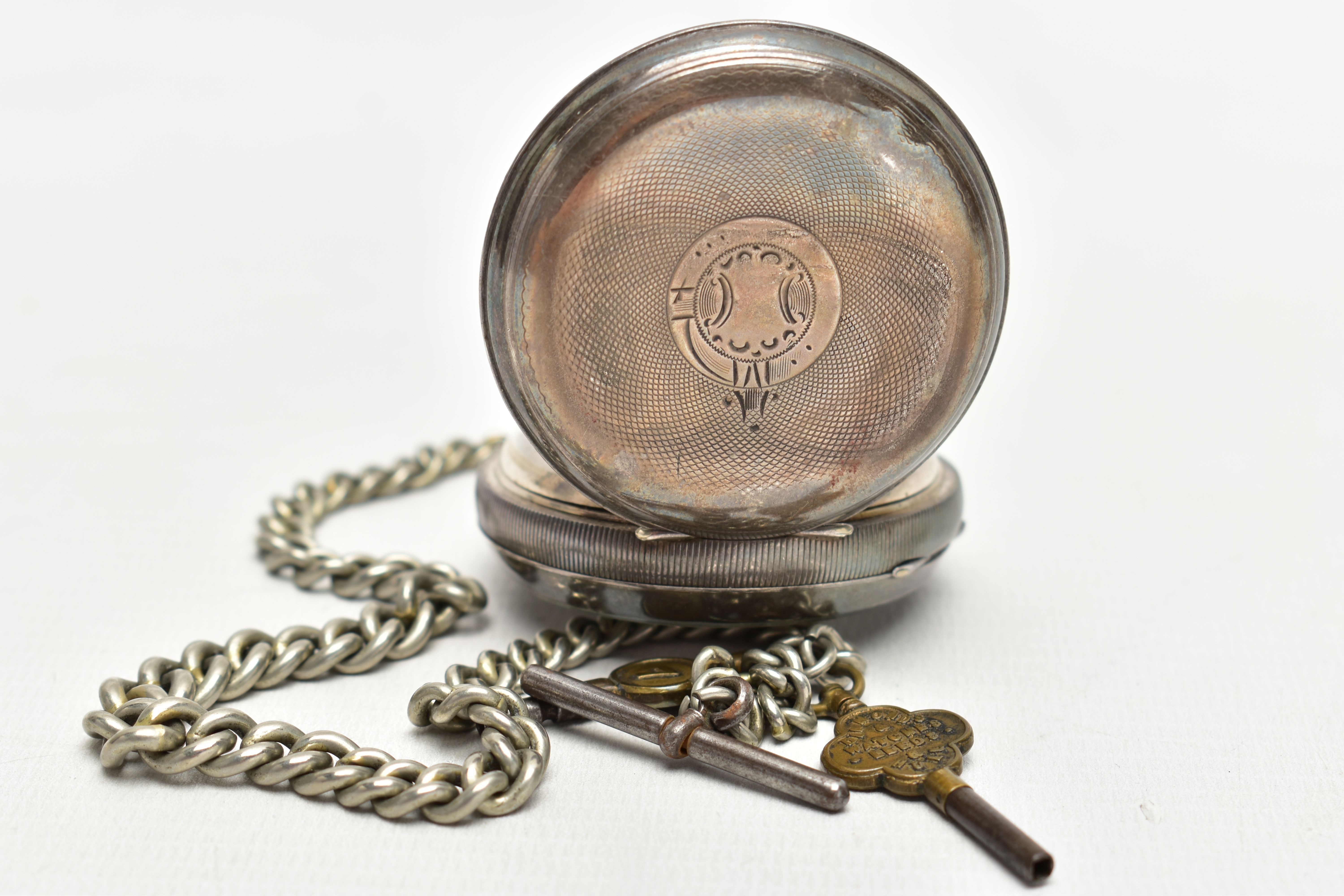 AN EARLY 20TH CENTURY SILVER OPEN FACE POCKET WATCH AND ALBERT CHAIN, the key wound pocket watch - Image 2 of 4