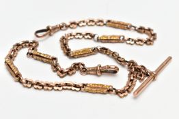 A MID VICTORIAN YELLOW GOLD ALBERT CHAIN, designed as an ornate trombone and feta link chain, with