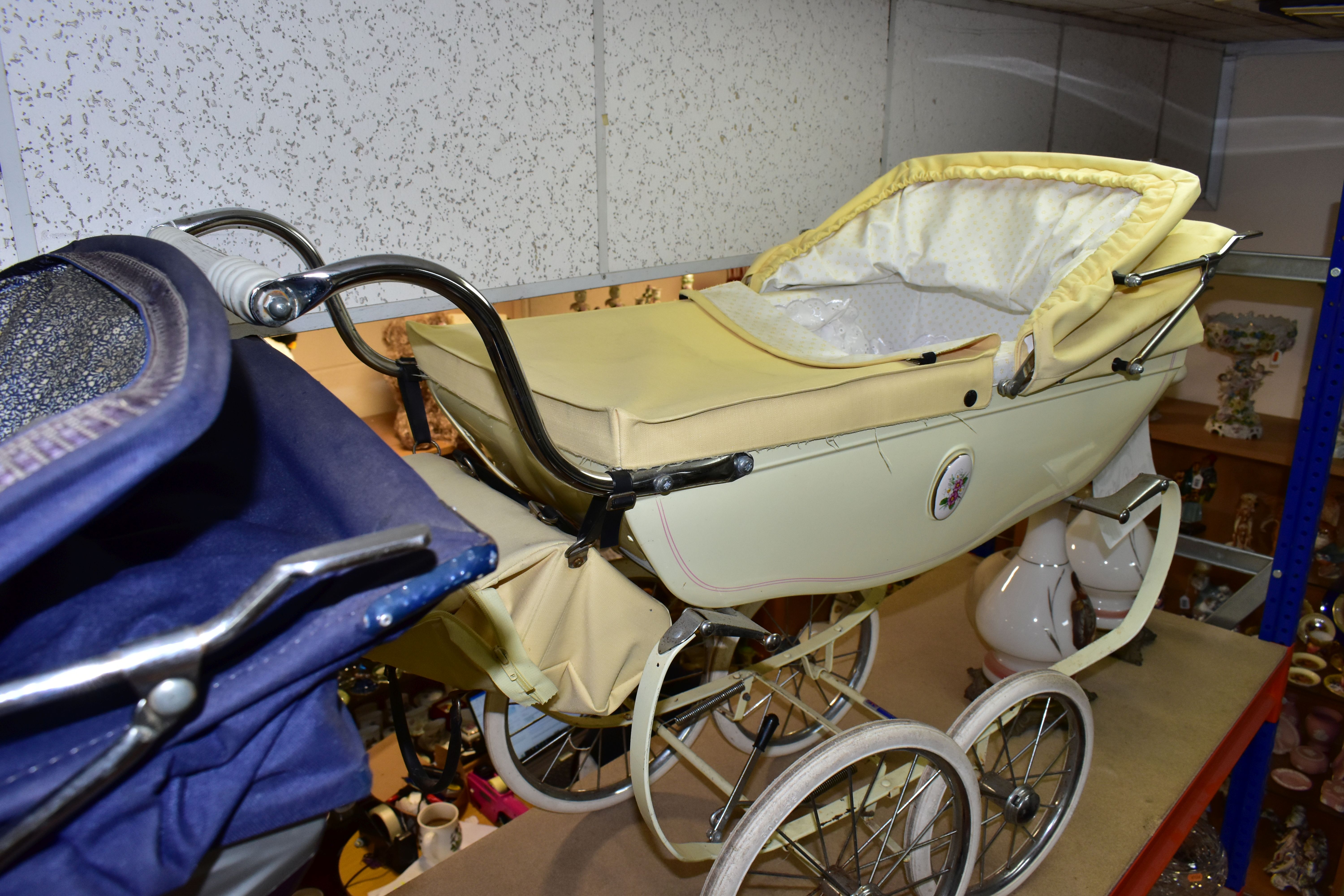 TWO SILVERCROSS DOLL'S PRAMS, one lemon with pink detail and flowered decal with a matching - Image 9 of 10