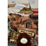 THREE BOXES OF TREEN AND HOUSEHOLD SUNDRIES, to include hand carved wooden pig bookends, a group