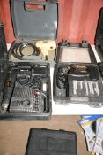 A CASED AEG ASBE-16 CORDLESS 12V DRILL with two batteries and charger, a Torq 240v eStapler and a
