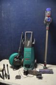 A DYSON SV10 V8 ANIMAL VACUUM with charger and wall mount along with a Bosch Aquatak 110 plus